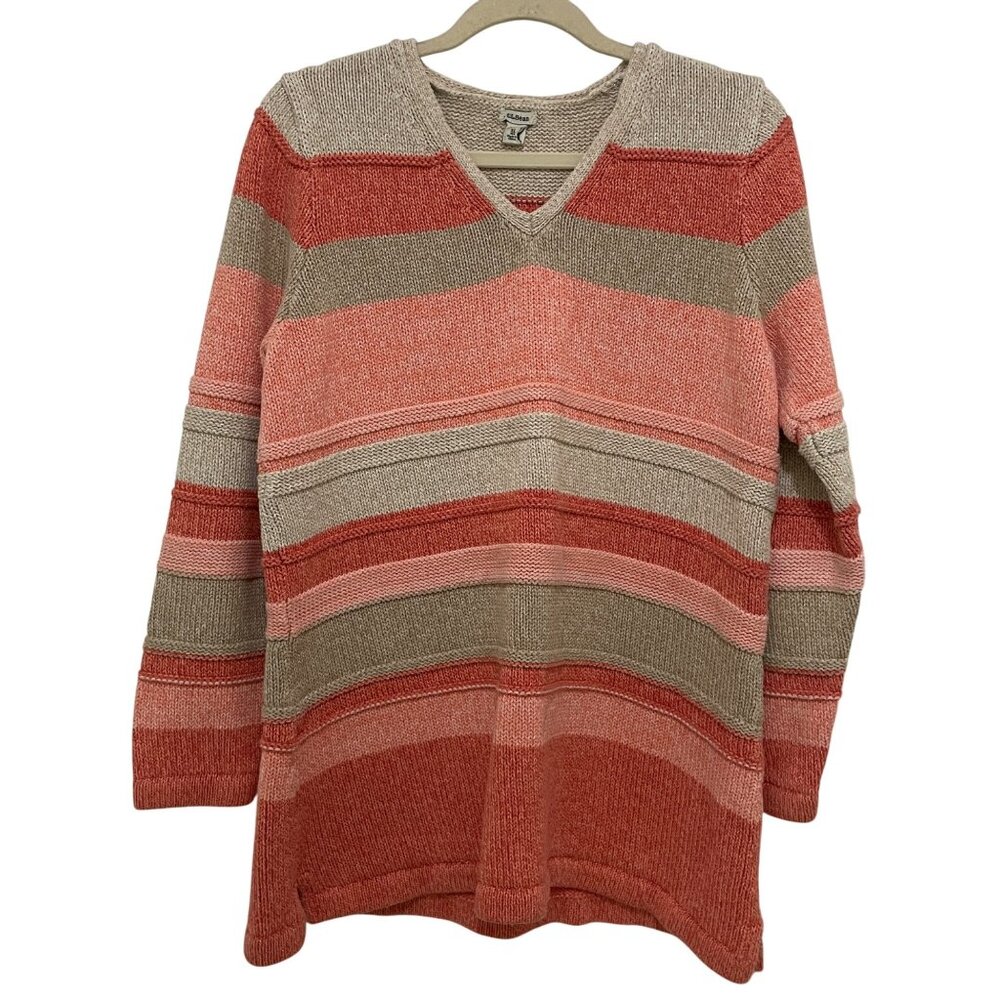 L.L. Bean Vintage Sweater Womens XL Heavy Knit Cotton Striped V-Neck Oversized